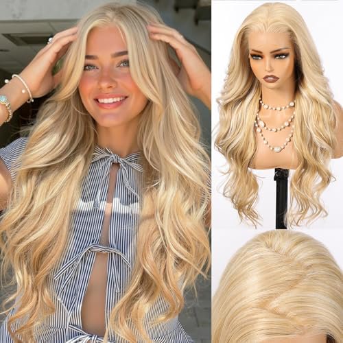 13x6 Glueless Lace Front Wavy Wig, 26 Inch Lace Synthetic Wigs for Women Blonde Color