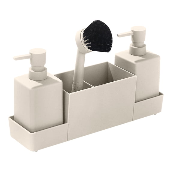 13x6 Inch Kitchen Soap Dispenser with Sponge Holder and Dishwasher Brush Tray Storage Box for Countertop Organization, Beige