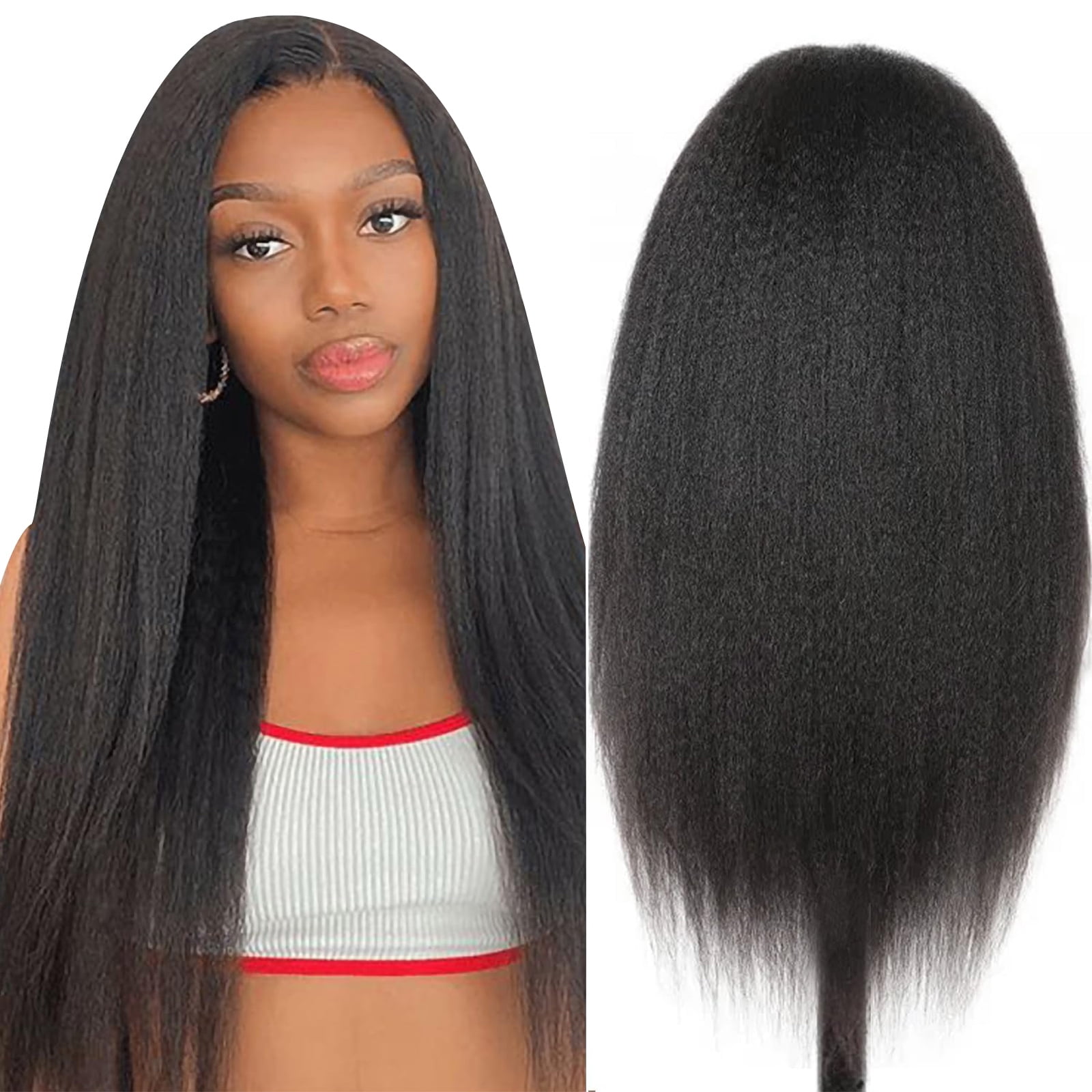 13x6 Kinky Straight Human Hair Wig 180% Density HD Transparent Glueless Lace Front Wigs Human Hair Pre Plucked with Baby Hair Natural Hairline Yaki Straight Human Hair Wigs For Black Women 32 inch