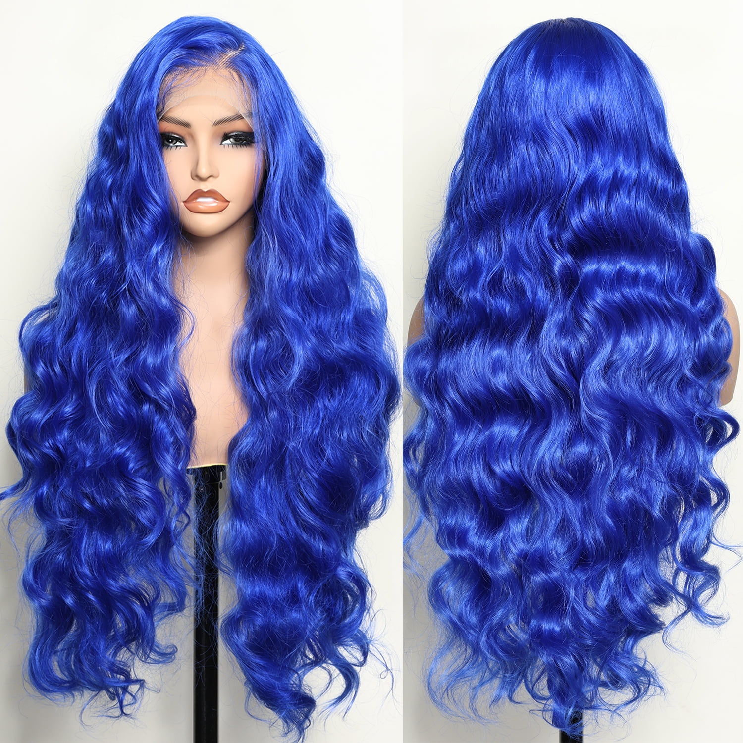 13x6 Lace Frontal Wig 32 Inch Blue Body Wave Synthetic Pre Plucked with Baby Hair Transparent Swiss Lace Heat Friendly Blue Colored Hair Lace Front Wigs for Women