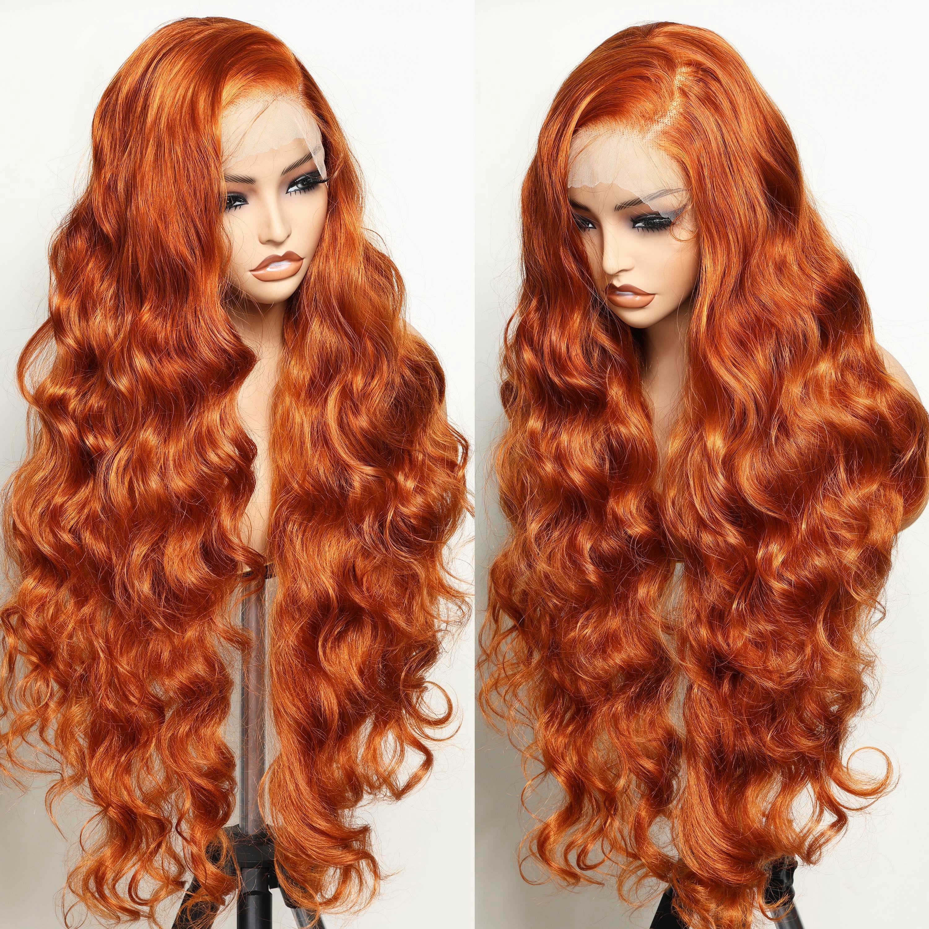 13x6 Lace Frontal Wig 32 Inch Ginger Body Wave Synthetic Pre Plucked with Baby Hair Transparent Swiss Lace Heat Friendly Cooper Lace Front Wigs for Women