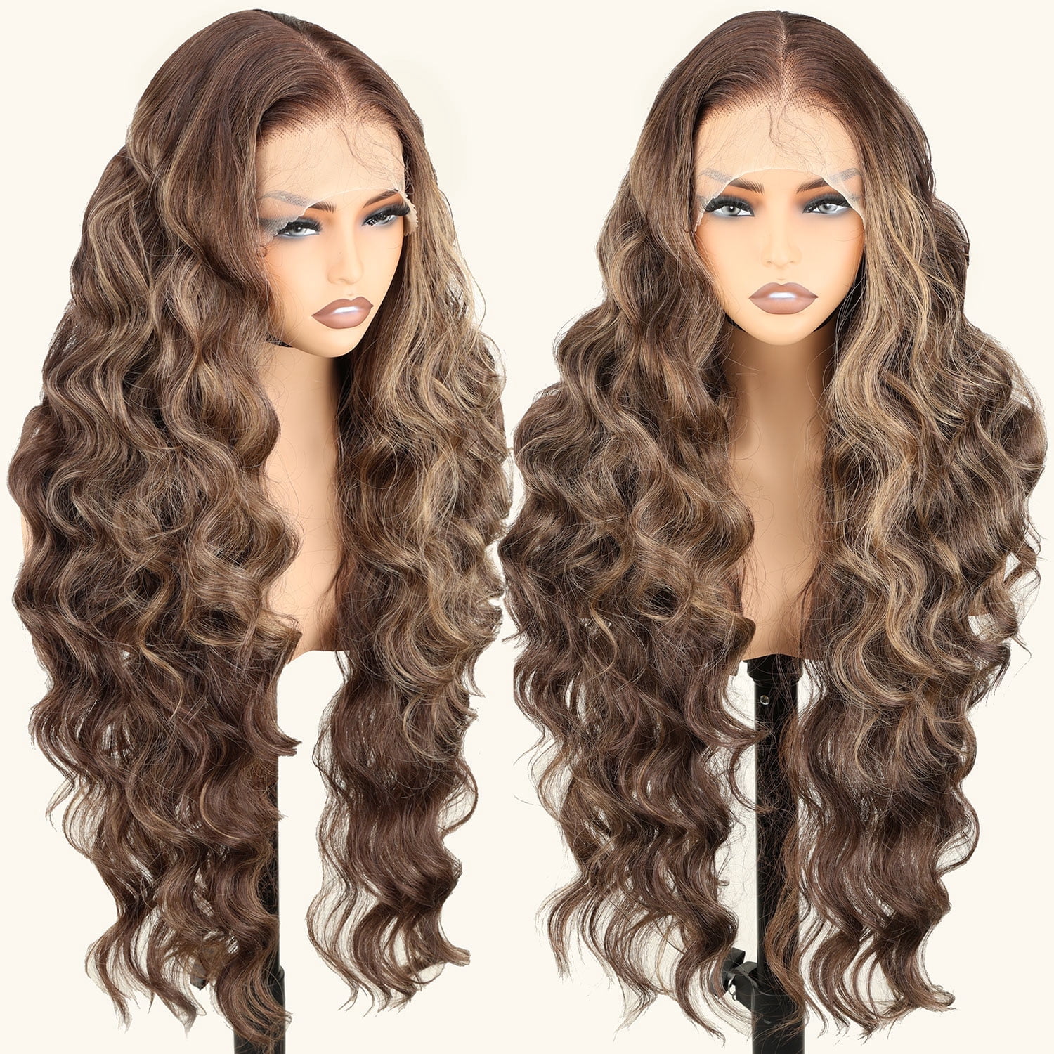 13x6 Lace Frontal Wig Highlighted 32 Inch Body Wave Pre Plucked Babyhair Transparent HD Lace Heat Friendly Highlights Brown Bouncy Synthetic Hair