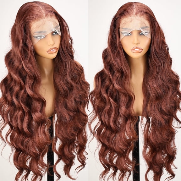 13x6 Lace Frontal Wig Reddish Brown 32 Inch Body Wave Pre Plucked Babyhair Knotless Transparent Lace Heat Friendly Copper Red Bouncy Wave Synthetic Hair Wigs with Non-slip Cap