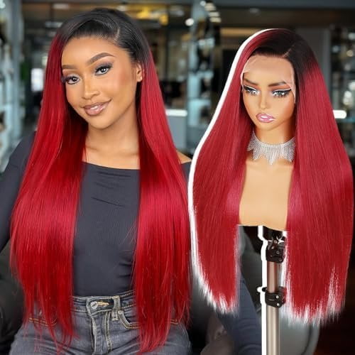 13x6 Lace Long Straight Ombre Red Wigs Lace Front Synthetic Wig for Women 28Inch Wear and Go Glueless Red Hair Wig