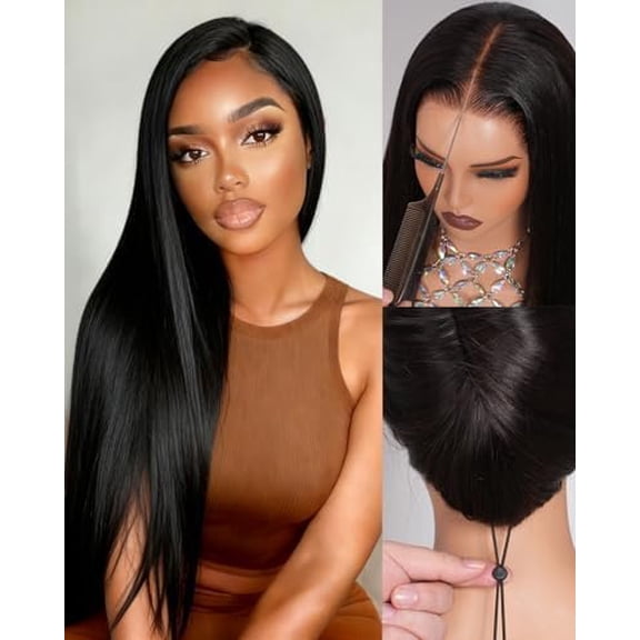 13x6 Wear and Go Glueless Wigs Human Hair Pre Plucked Pre Cut Upgrade Straight Invisible Drawstring Wig with Lace Tapes 200 Density  Frontal Human Hair Wigs for Women