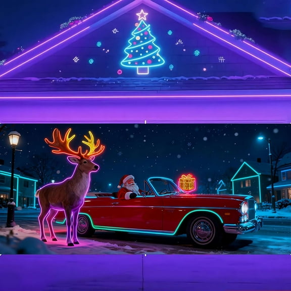 13x6ft Glow-in-the-Dark Christmas Garage Door Cover Banner, Festive Cartoon Santa & Reindeer Design for Indoor/Outdoor Holiday Decor, Ideal for Xmas Parties & Celebrations