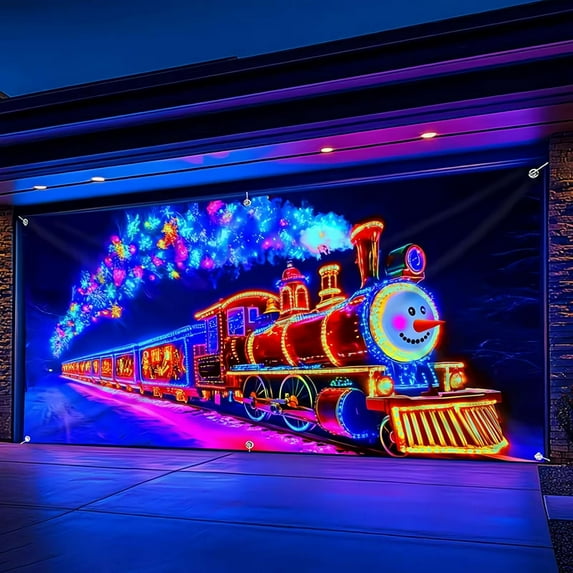 13x6ft Glow-in-the-Dark Christmas Garage Door Cover Banner, Festive Cartoon Train & Snowman Design for Indoor/Outdoor Holiday Decor, Ideal for Xmas Parties & Celebrations