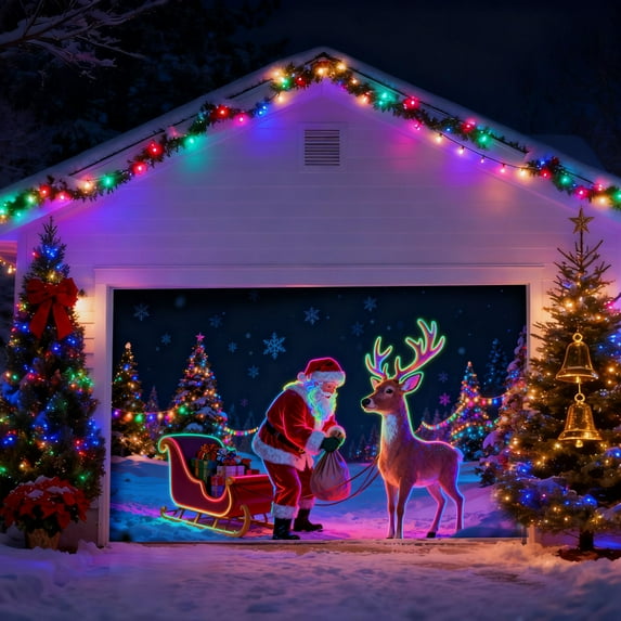 13x6ft UV Activated Christmas Garage Door Cover Fluorescent Banner Glows in Dark with Santa & Elk Design Outdoor Christmas Decoration for Holiday Party New Year Winter Celebrations A