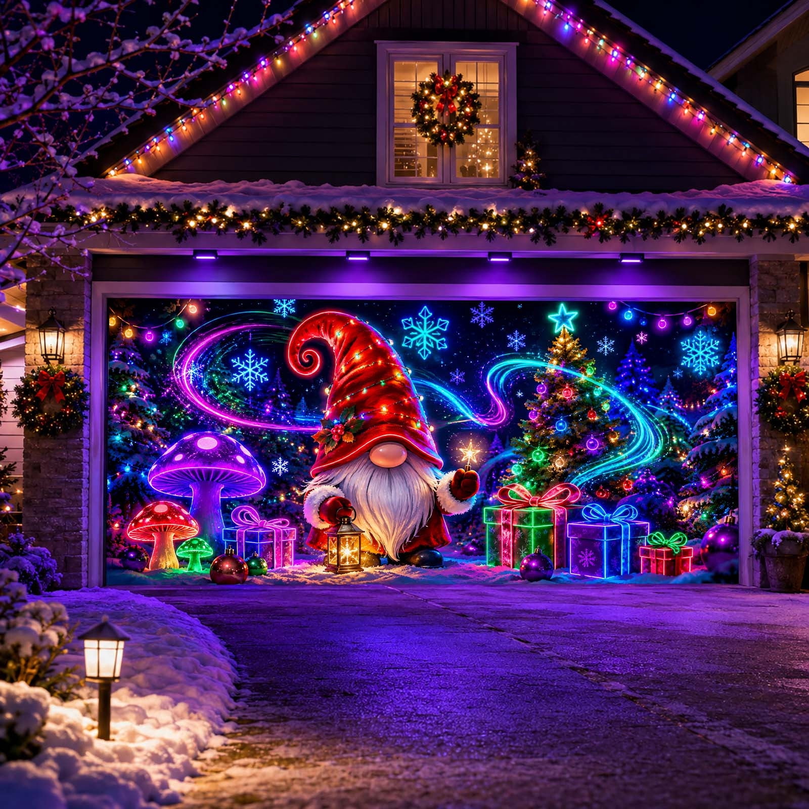 157x70Inch UV Reactive Christmas Garage Door Cover, Christmas Neon