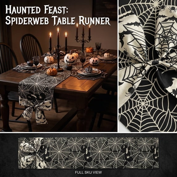 13x70 Inch Halloween Spiderweb Pattern Table Runner, Gothic Bat Spider Print Table Cover, Holiday Decorative Table Linen for Halloween Dinner Party Home Decor