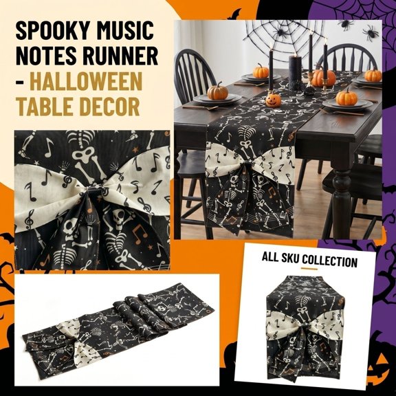 13x70 Inches Halloween Dancing Skeleton Music Note Table Runner, Spooky Bone Print Table Linen Decor for Kitchen Dining Table Halloween Party Supplies