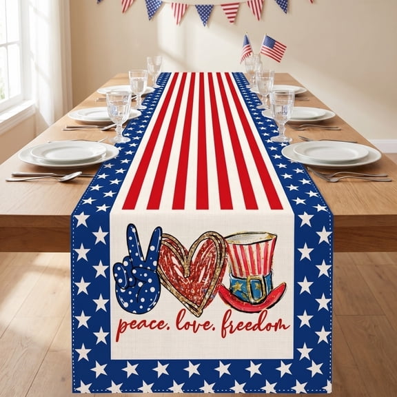 13x72 Inch Red White Blue Star Striped Table Runner, 4th of July Patriotic Linen Tablecloth for Independence Day, Farmhouse Kitchen Dining Table Decor for Memorial Day Veterans Day
