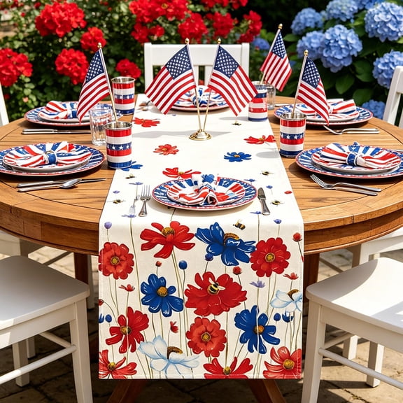 13x72in Patriotic Linen Tablecloth, Independence Day Home Atmosphere Decor Cloth, Classic Festival Layout Piece, Exquisite Accessory for Indoor Dining Room and Household Holiday Decor, R