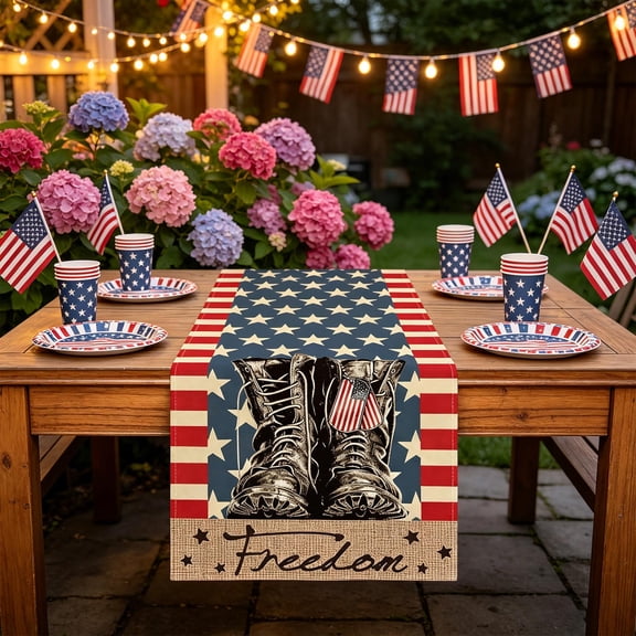 13x72in Patriotic Linen Tablecloth, Independence Day Home Atmosphere Decor Cloth, Classic Festival Layout Piece, Exquisite Accessory for Indoor Dining Room and Household Holiday Decor, O