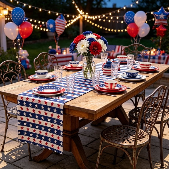 13x72in Patriotic Themed Table Runner, Star Flag Printed Dining Linen, Indoor Outdoor Party Table Decoration, Durable Fabric Cover for Coffee Table and Kitchen Decor