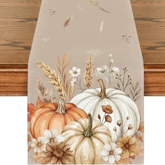 13x72in White and Orange Pumpkin Table Runner for Fall Dining Decoration