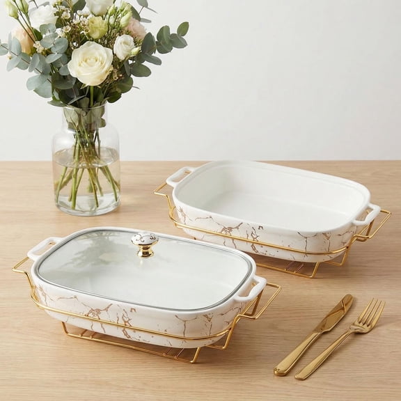 13x9 Ceramic Casserole Dish with Glass Lid and Gold Plated Base, 2.2 Quart Soup Tureen for Buffet Party Catering