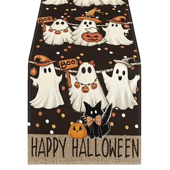 13x90 Halloween Table Runner, Large Flannel Party Mat, Extra Long Soft Ghost Pumpkin Print Dining Cover for Holiday Kitchen Buffet Decoration