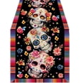 thumbnail image 1 of 13x90 Inch Linen Table Runner, Mexican Fiesta Flowers Sugar Skull Print, Day of The Dead Altar Decoration for Home and Kitchen Use, 1 of 5