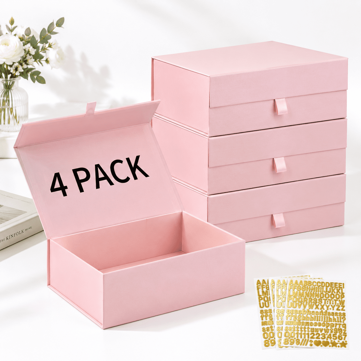 13x9x4 Inch Pink 4-Pack Magnetic Gift Boxes with Stickers and Filler ...