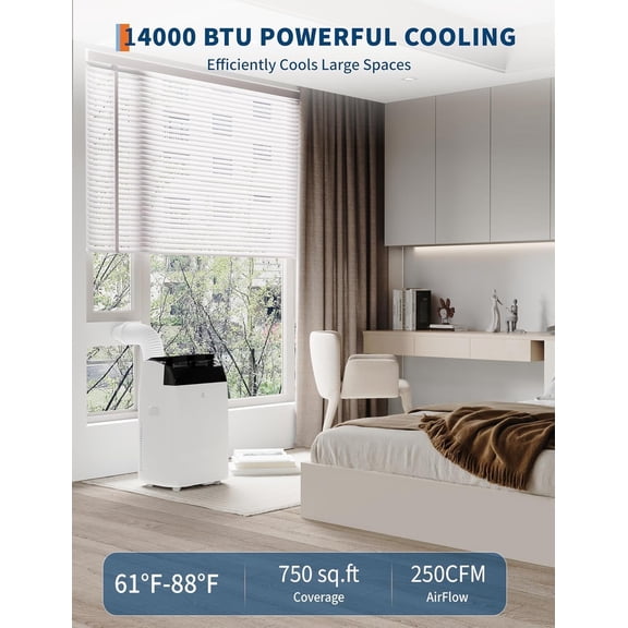 14,000 BTU Portable AC Unit – Room Air Conditioner with Dehumidifier & Fan, Low Noise, Auto-Evaporation, Remote, LED Display, Window Kit Included