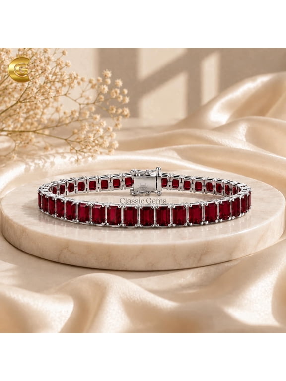 14 Ct Emerald Cut Ruby 7.5 " Unisex Tennis Bracelet Gold Plated