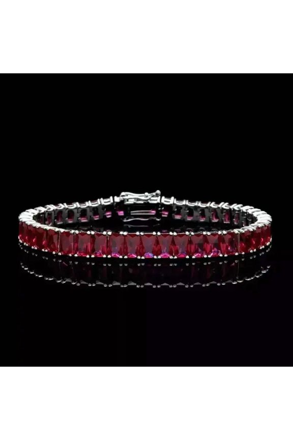 14.00Ct Emerald-Cut Lab-Created Red Ruby Tennis Bracelet White Gold Plated STERLING SLIVER
