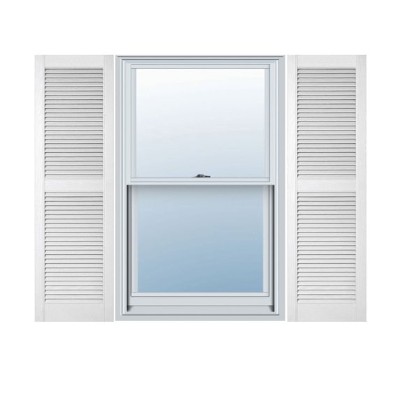 14 1/2"W x 34"H Lifetime Vinyl, Custom Straight Top Center Mullion, Open Louver Shutters, w/Shutter-Loks (Per Pair), Bright White
