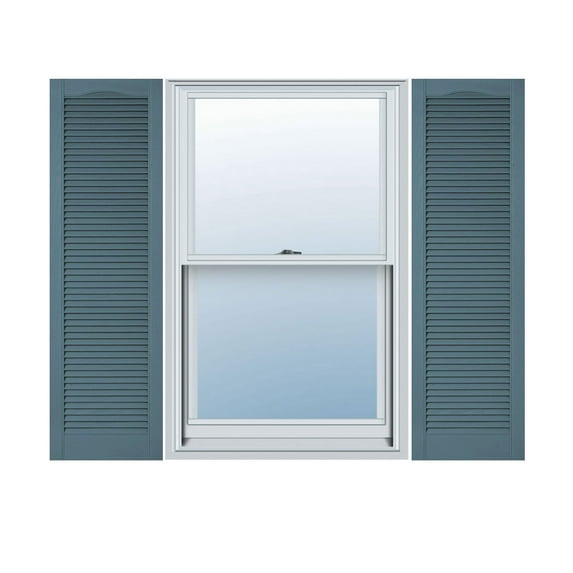 14 1/2"W x 50"H Lifetime Vinyl, Custom Cathedral Top All Louver, Open Louver Shutters, w/Shutter-Loks (Per Pair), Wedgewood Blue