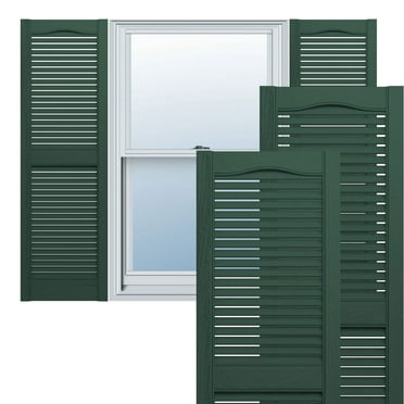 14 1/2"W x 55"H Lifetime Vinyl, Standard Cathedral Top Center Mullion, Open Louver Shutters, w/Installation Shutter-Lok's & Matching Screws (Per Pair), Midnight Green