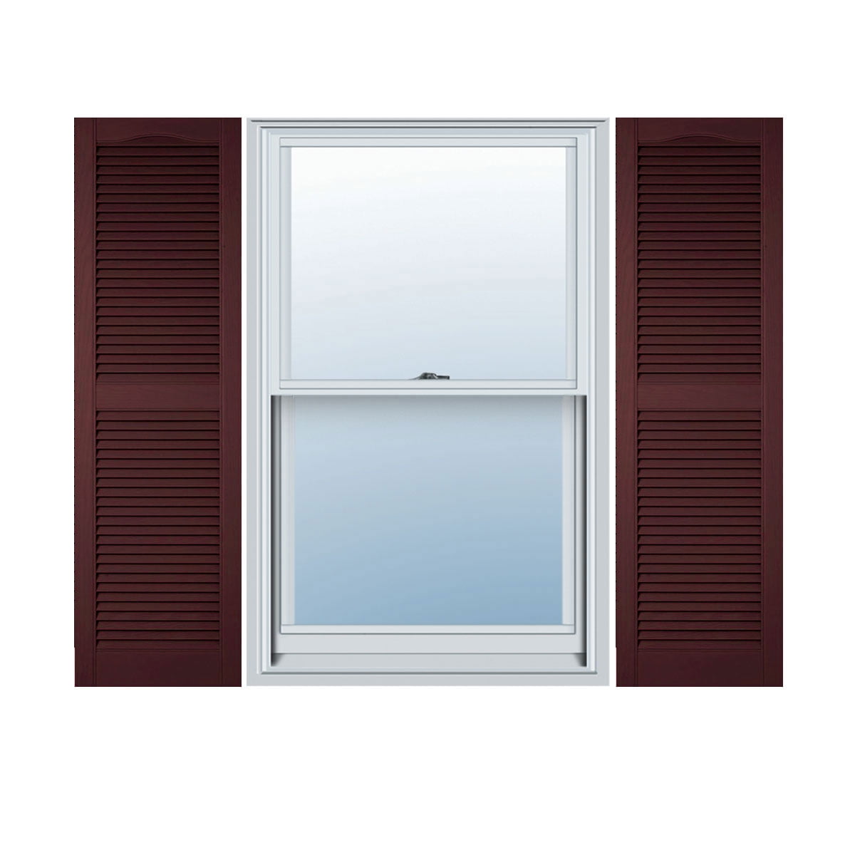 14 1/2"W x 67"H Lifetime Vinyl, Standard Cathedral Top Center Mullion, Open Louver Shutters, w/Installation Shutter-Lok's & Matching Screws (Per Pair), Bordeaux
