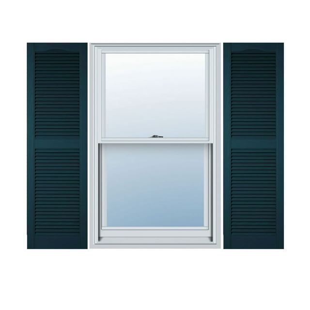 14 1/2"W x 84"H Lifetime Vinyl, Custom Cathedral Top Center Mullion, Open Louver Shutters, w/Shutter-Loks (Per Pair), Midnight Blue