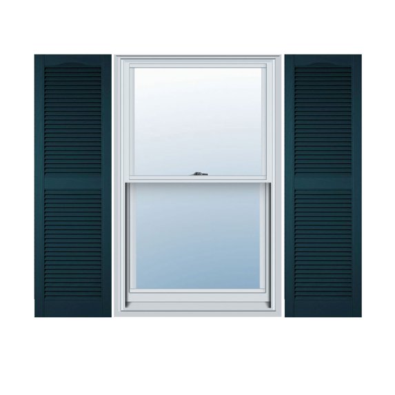14 1/2"W x 93"H Lifetime Vinyl, Custom Cathedral Top Center Mullion, Open Louver Shutters, w/Shutter-Loks (Per Pair), Midnight Blue