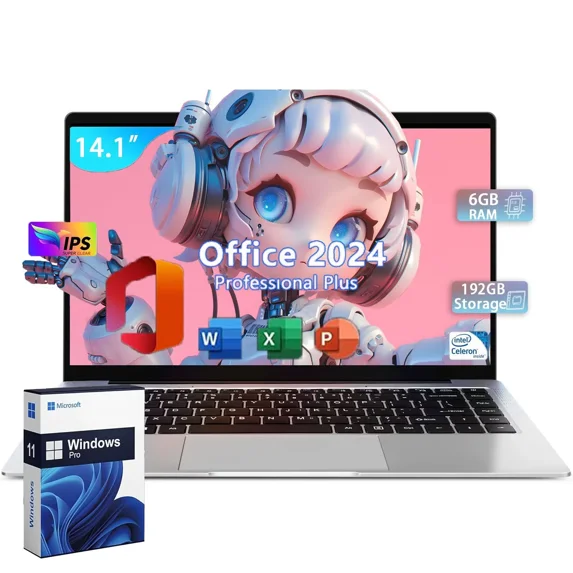 RULY 14.1" Business Laptop Computer Office 2024 Windows 11 Pro FHD IPS Display 2-2.5 GHz Intel Celeron N3060 CPU DDR4 6GB RAM 192GB Storage MicroSD for Work (Silver)