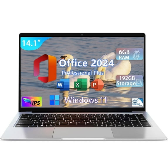 14.1" Windows 11 Pro Business Laptop Office 2024 FHD IPS Display 6GB RAM 192GB Storage 2-2.5 GHz Intel Celeron N3060 CPU MicroSD WIFI5