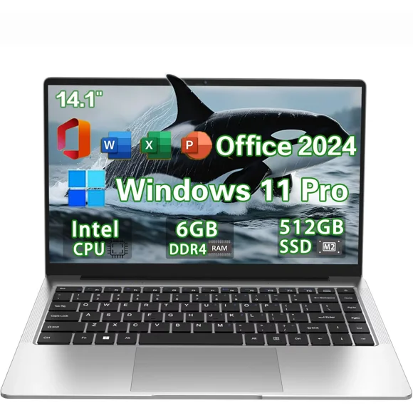 14.1" Business Student Laptop Office 2024 Windows 11 Pro Meeting camera Intel processor 6GB RAM 512GB Storage Lightweight student Notebook PC Computer for Work, WiFi5, BT 4.2