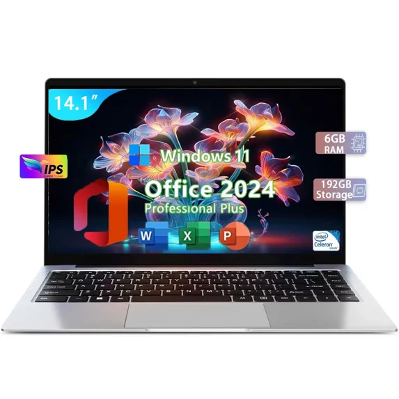 14.1" FHD IPS Business Laptop- Office 2024 6GB RAM 192GB Storage 2-2.5 GHz Intel Celeron N3060 CPU Windows 11 Silver