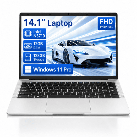 14.1" FHD Laptop, Intel N3710 Quad-Core, 12GB RAM, 128GB Storage, Windows 11 Pro, 1920x1080 Notebook PC for Home, Streaming, Browsing and Everyday Use