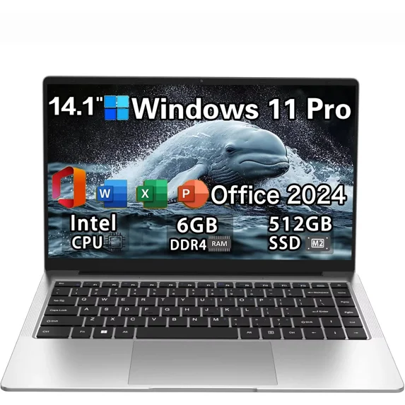 14.1" HD Windows 11 Pro Laptop Computer Office 2024 Meeting camera Intel Celeron Processor 6GB RAM 512GB SSD Thin and Lightweight home school PC Computer for Student Work WiFi 5 BT4.2