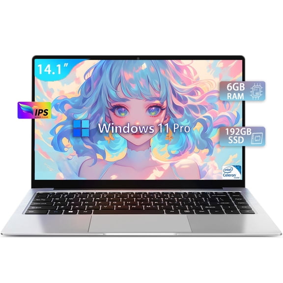 14.1" Windows 11 Pro Laptop 6GB RAM 192GB Storage IPS FHD Display 2-2.5 GHz Intel Celeron N3060 CPU Business Computer for Work