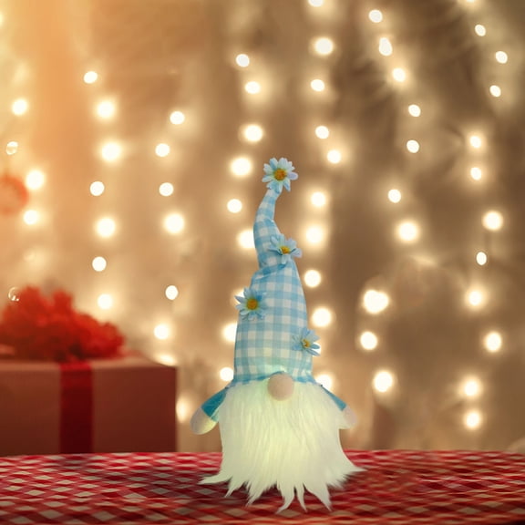 14.1 In Light Up Faceless Gnome Doll Blue White Checkered LED Glowing Home Desk Shelf Holiday Decoration Gift