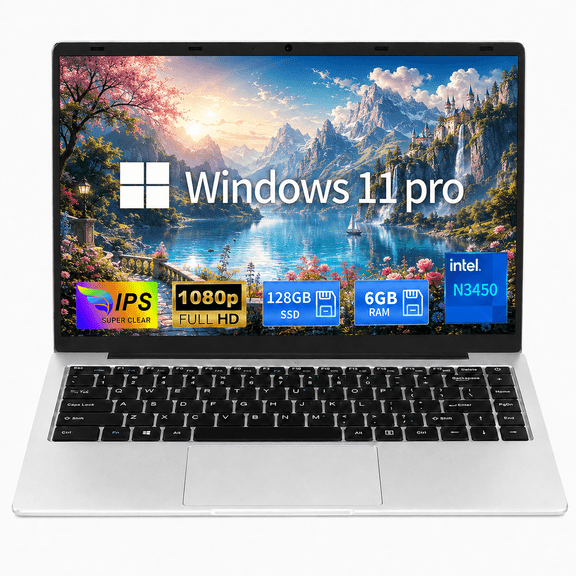 14.1-Inch Full HD Laptop, Intel N3450, 6GB Memory, 128GB SSD, Slim Portable Computer with WiFi, HDMI, Built-In Webcam, Silver