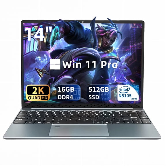 Fsjun 14.1" Laptop Computer, 2K IPS Display, 16GB DDR4 RAM, 512GB SSD,N5105 Quad-Core Processor,Win 11 Pro&office2019, Fingerprint Reader, Backlit Keyboard, Portable Laptop for Students, Business