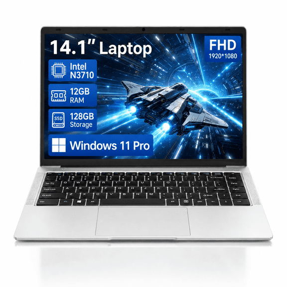 14.1" Laptop Computer, Intel N3710 Quad-Core Processor, 12GB RAM, 128GB Storage, Windows 11 Pro, 1920x1080 FHD Notebook for Students, School and Home