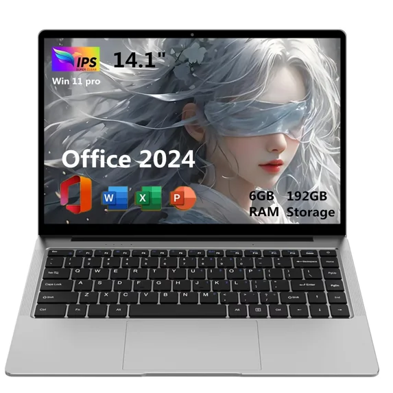 14.1" Laptop Office 2024 Windows 11 Pro Notebook PC Computer 6GB RAM 192GB Storage Silver HD IPS Display Ultra Thin Intel Celeron