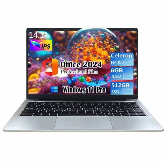 14.1" Laptops Computer Office 2024 Windows 11 Pro 6GB RAM 512GB SSD Intel Celeron N4000 2.6 GHz Business Computer for Work Student laptop WiFi5 BT 4.2