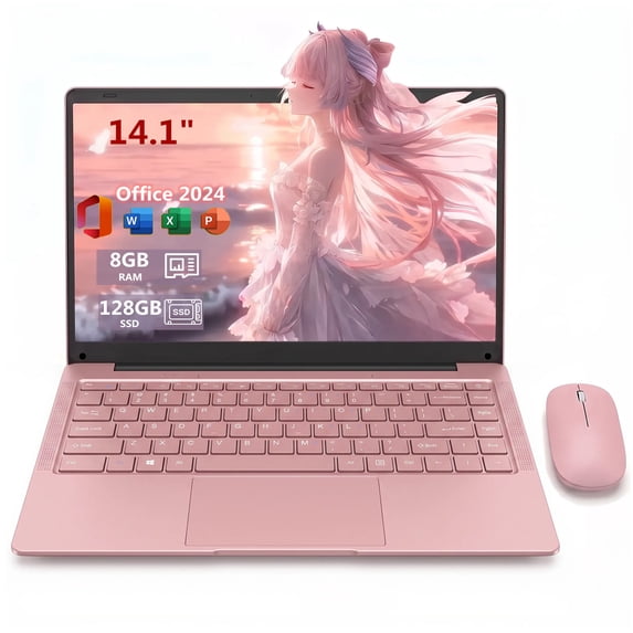 14.1" Pink Laptop with Rechargeable Silent Mouse, Office 2024, 8GB RAM 128GB SSD, 4-Core Intel Celeron, Thin and Light Notebook PC Computer for study and work, HD Display USB3.0 Webcam Wi-Fi 5 BT5.0