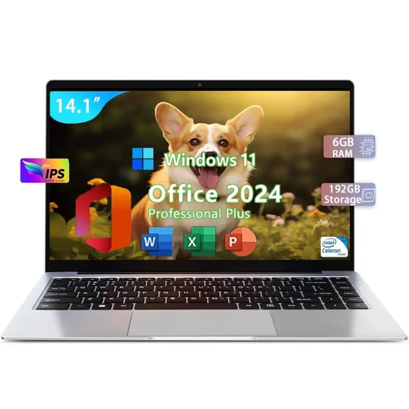 14.1" Portable Business Laptop- Office 2024 FHD IPS Display Intel Celeron N3060 CPU 2-2.5 GHz 6GB RAM 192GB Storage Windows 11 Silver