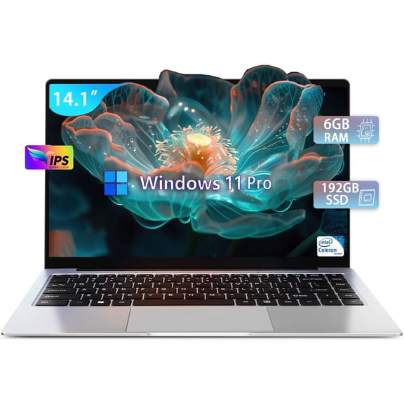 14.1" Portable Laptop 2-2.5 GHz Intel Celeron N3060 CPU DDR4 6GB RAM 192GB Storage FHD IPS Display MicroSD Windows 11 Pro