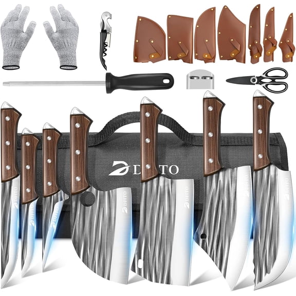14 in 1 Professional Chef Knife Set with Roll Bag, Hand Forged Chopping & Meat Cleaver & Viking Knives, High Carbon Stainless Steel Kitchen Knifes Set for Kitchen Camping BBQ